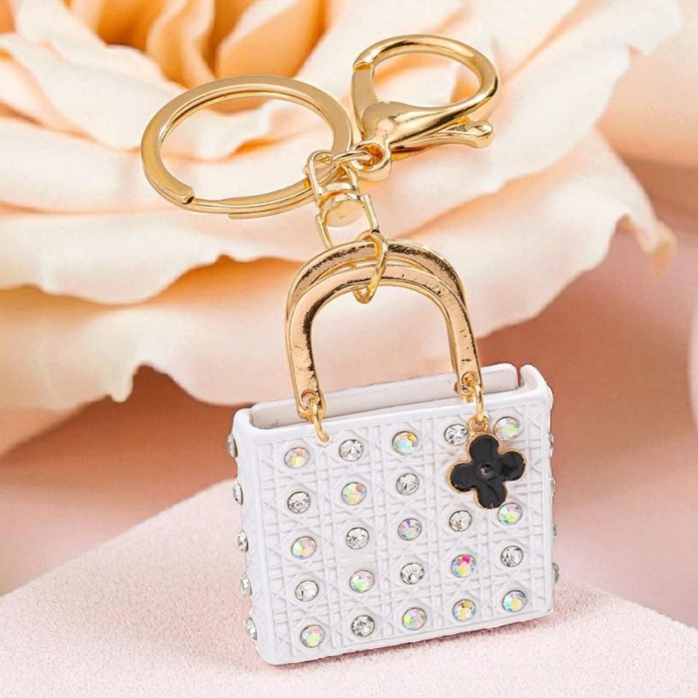 Purse Themed Keychain Bag Charm - White and Gold with Iridescent Rhinestones